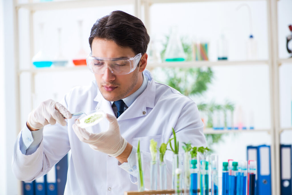 
Male biochemist working in the lab on plants